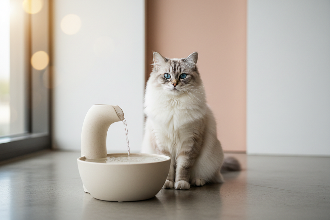 A white cat sitting next to a KlozHome smart pet water fountain — cat hydration tips