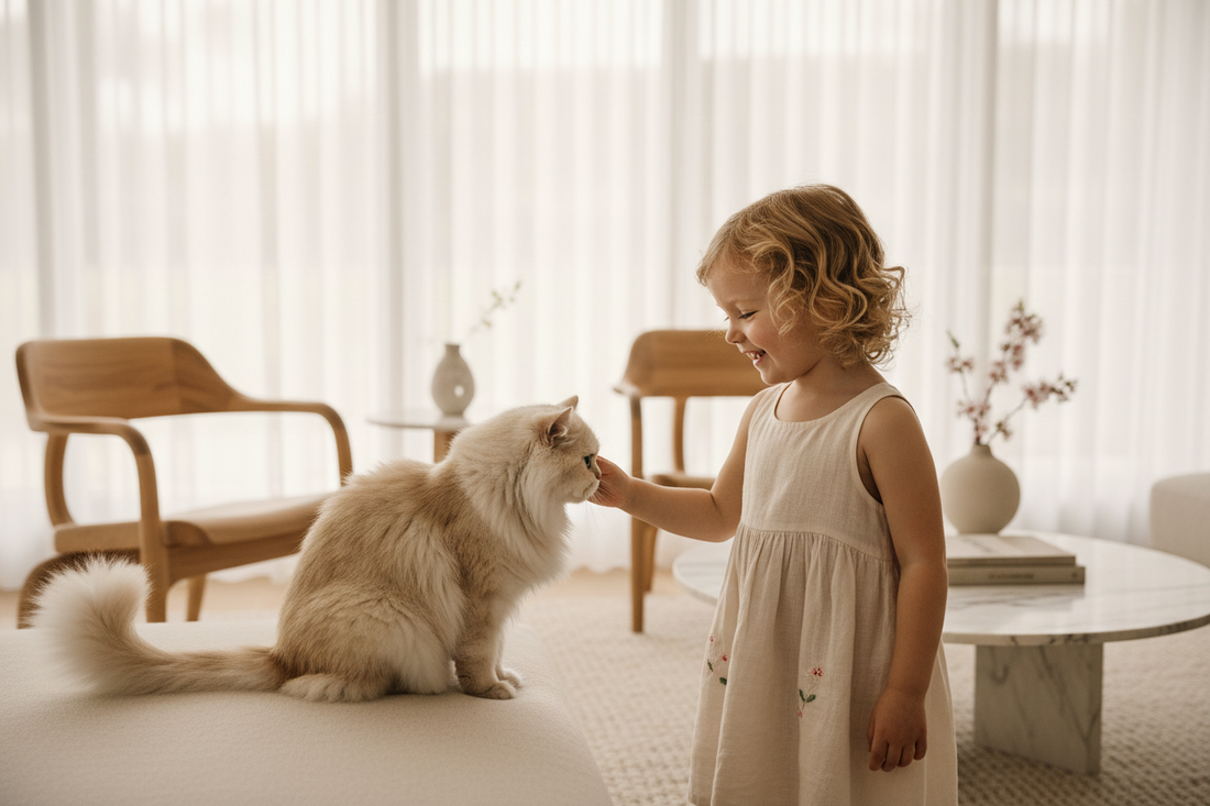 Young girl playing with white cat at home — keeping cats happy and stimulated