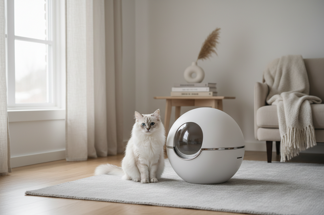 White cat next to a self-cleaning litter box — honest 60-day review