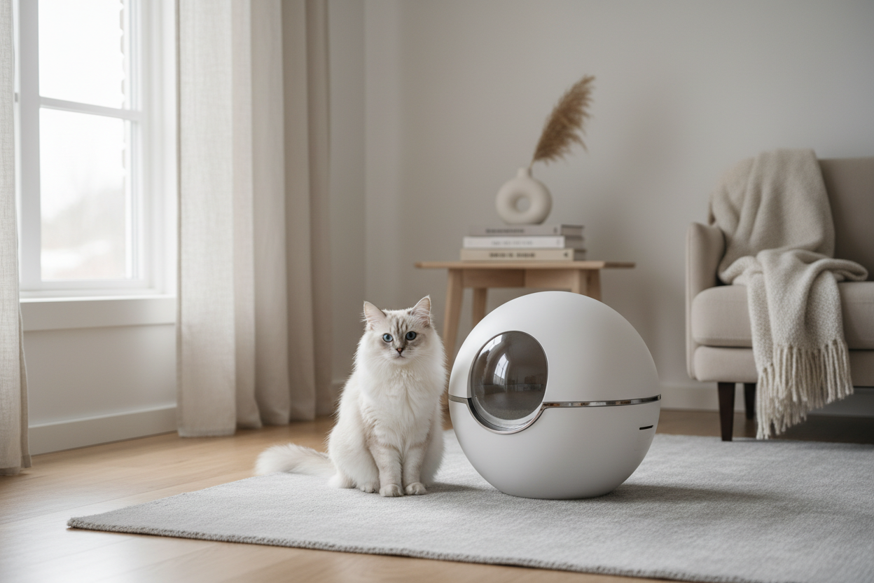 White cat next to a self-cleaning litter box — honest 60-day review