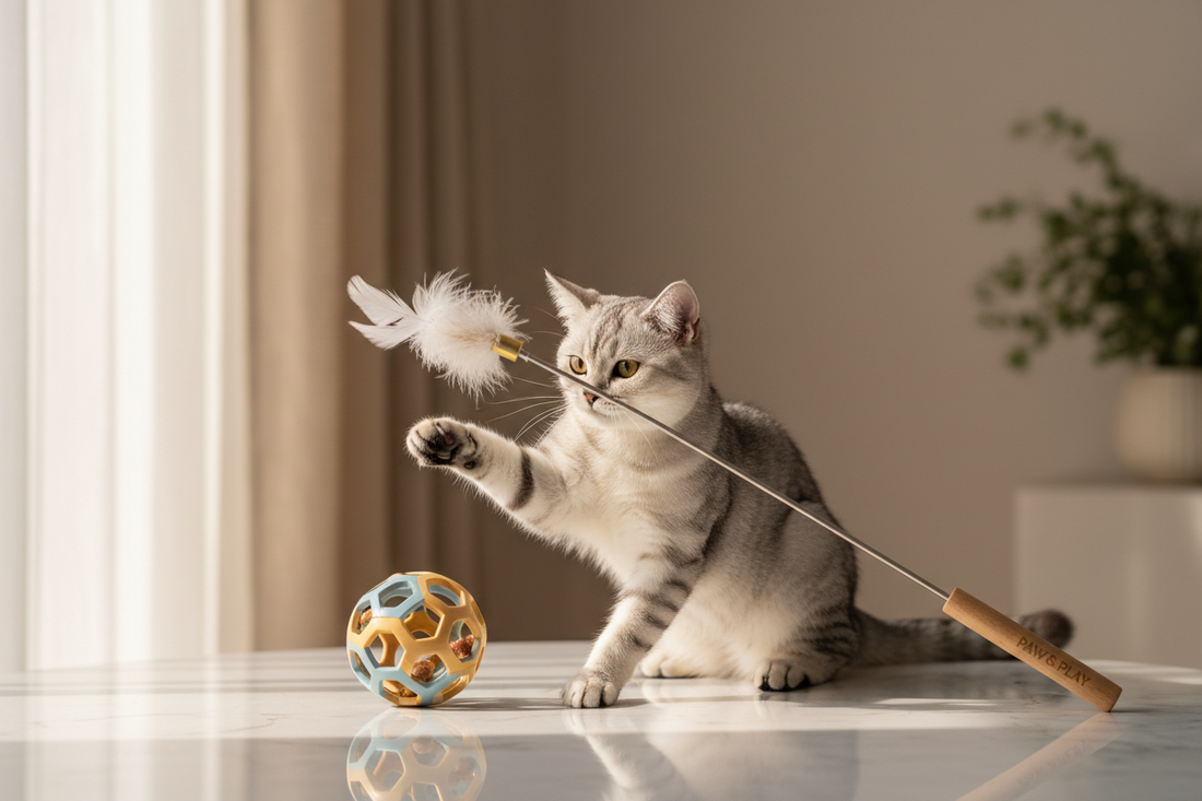 A playful cat batting at a feather wand toy — complete guide to choosing and using interactive cat toys