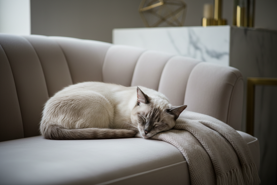 Cat sleeping alone on sofa — how long can you leave a cat home alone