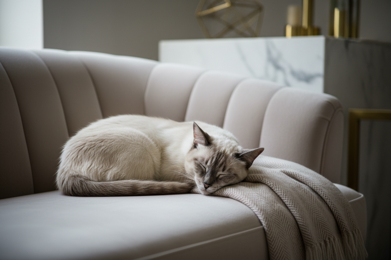 Cat sleeping alone on sofa — how long can you leave a cat home alone