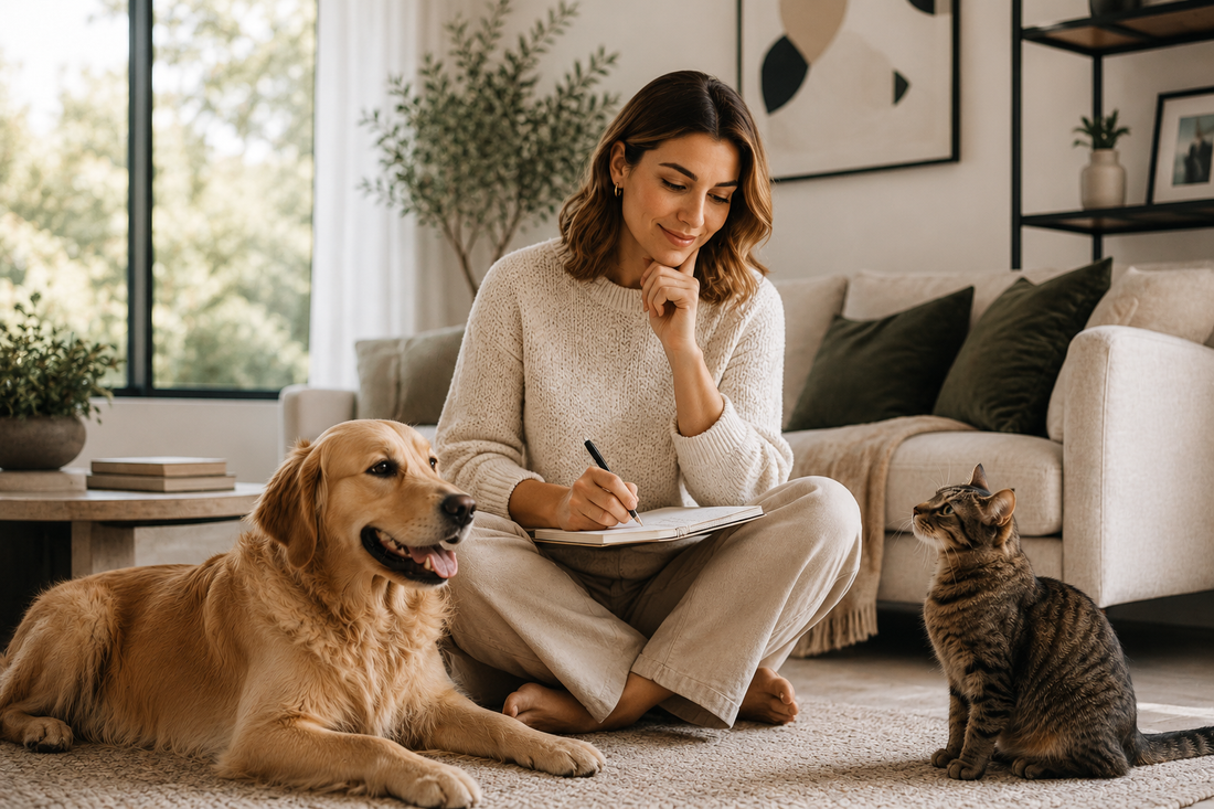 A woman sitting on the floor with a dog and a cat, planning a science-based feeding schedule for her pets