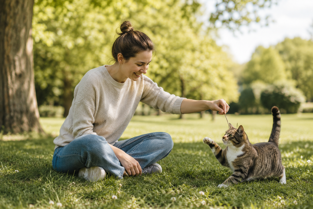 A woman sitting on grass interacting with her cat outdoors — how technology is transforming modern cat care
