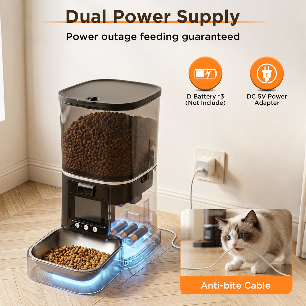 Automatic pet feeder with dual power supply and battery backup