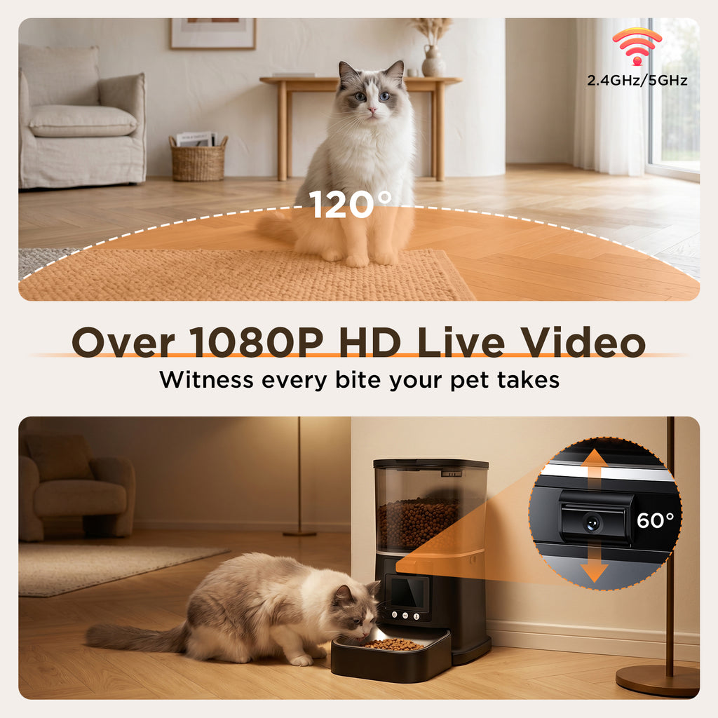 Smart automatic pet feeder with HD live video monitoring