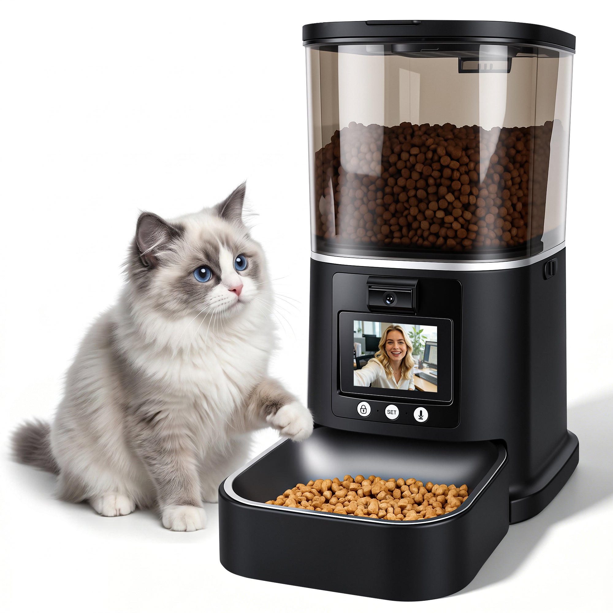 Smart pet feeder for cats with video call and automatic feeding