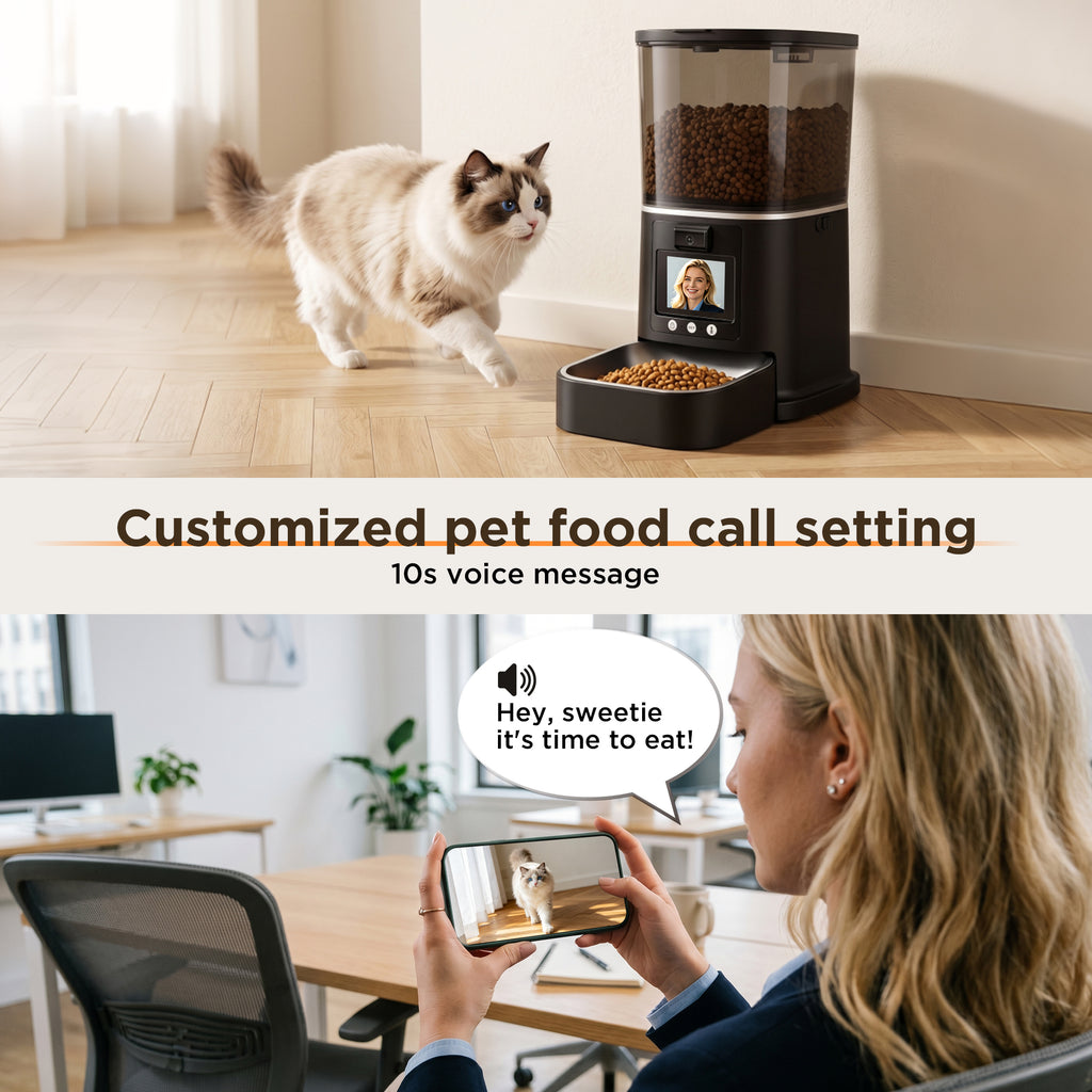Record custom feeding calls for your cat or dog remotely
